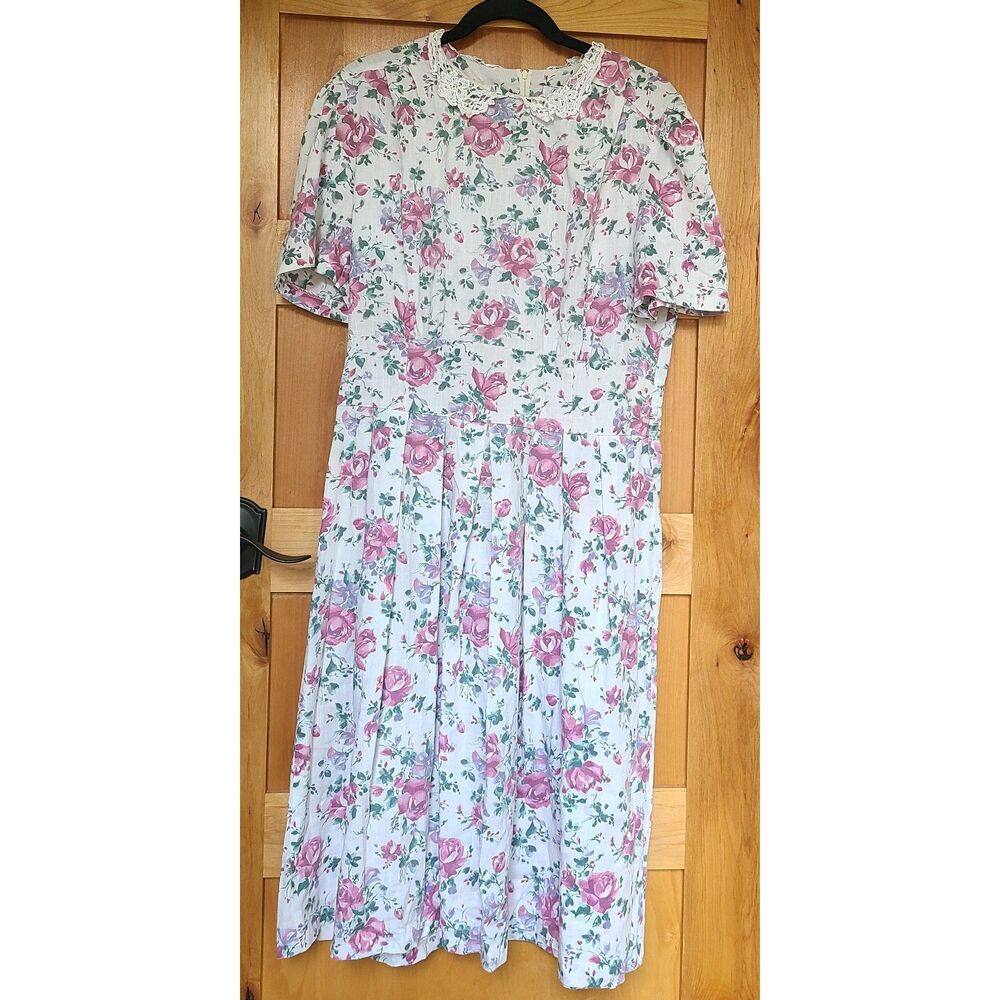 Vintage Stuart Allan Sz 16 Floral Cottagecore Dress Lace Trim‎ Elastic Waistband